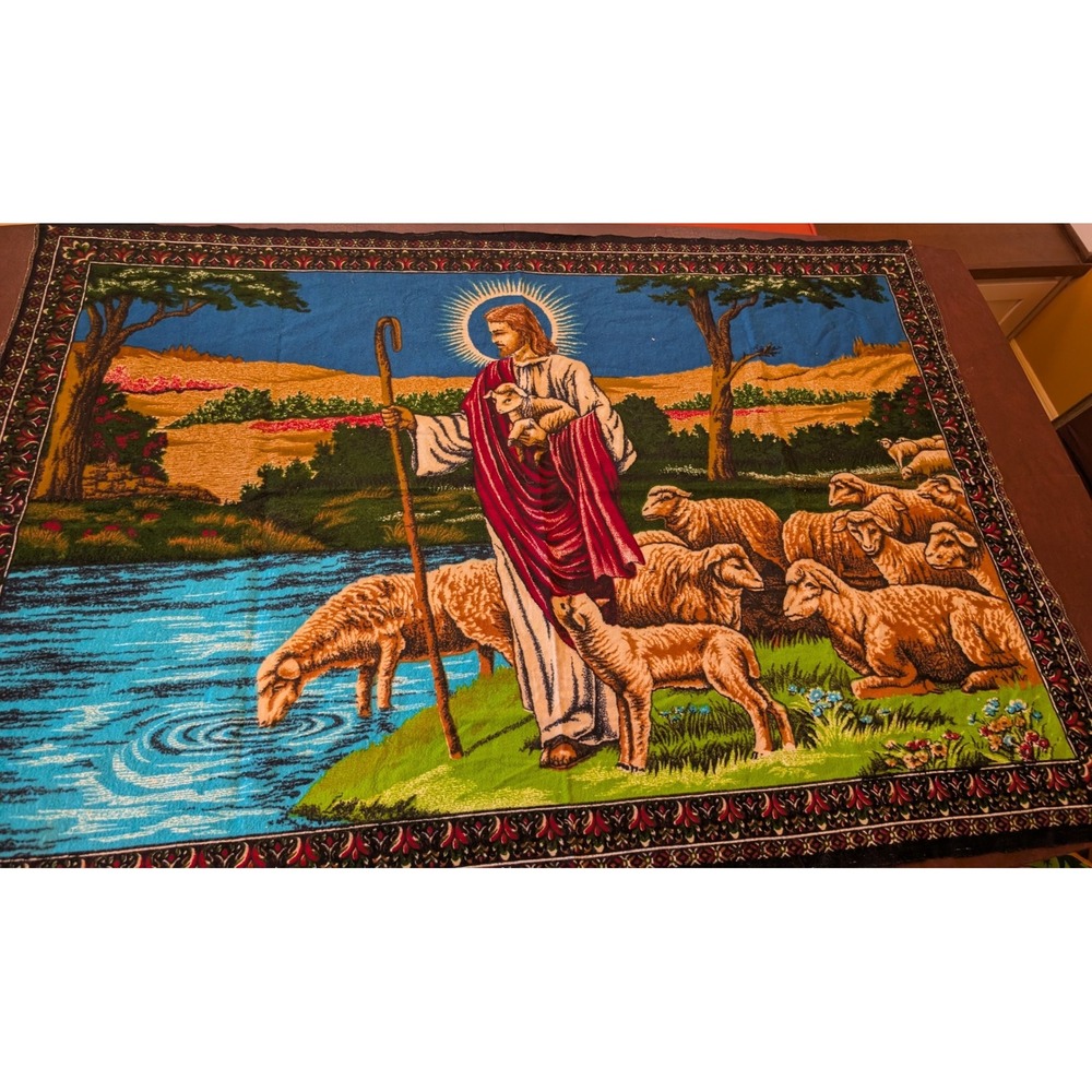 Religious Jesus Shepherd Sheep Scenic Tapestry Wall Hanging Art Decor